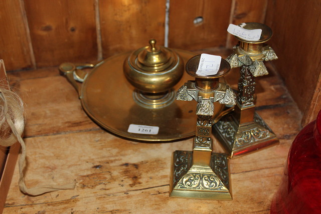 Appraisal: A TH CENTURY TURNED BRASS INKWELL ON STAND together with