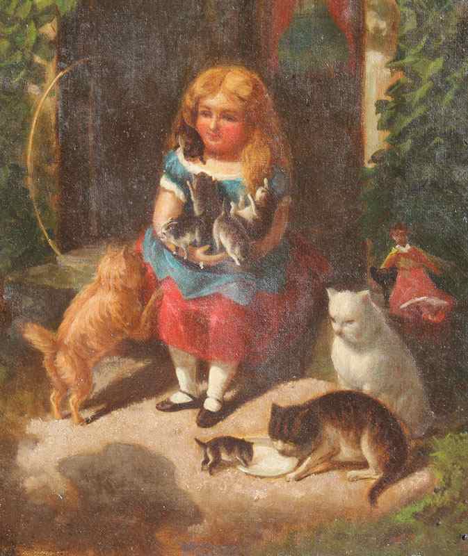 Appraisal: TH C GENRE SCENE WITH YOUNG GIRL AND PETS Oil