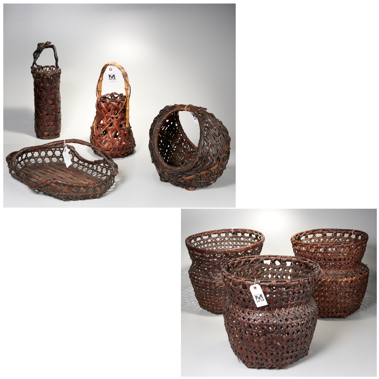 Appraisal: OLD JAPANESE IKEBANA AND WORK BASKETS th c incl bottle