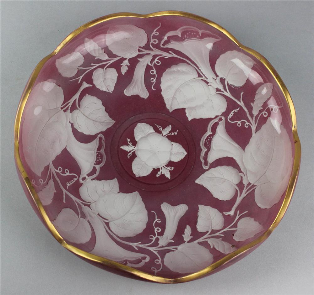 Appraisal: PINK AND WHITE PAINTED GLASS LOW BOWL late th early