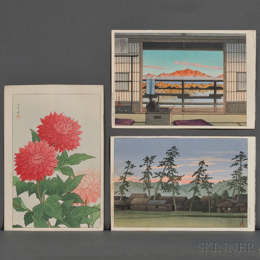 Appraisal: Kawase Hasui - Three Color Woodblocks Japan Dahlias shozuri seal