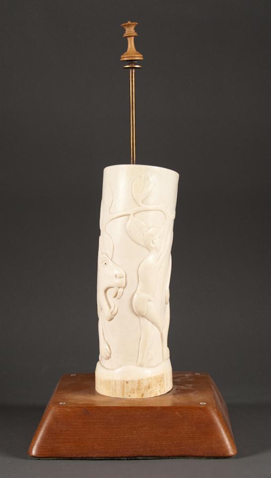 Appraisal: African relief carved ivory tusk mounted as a lamp tusk