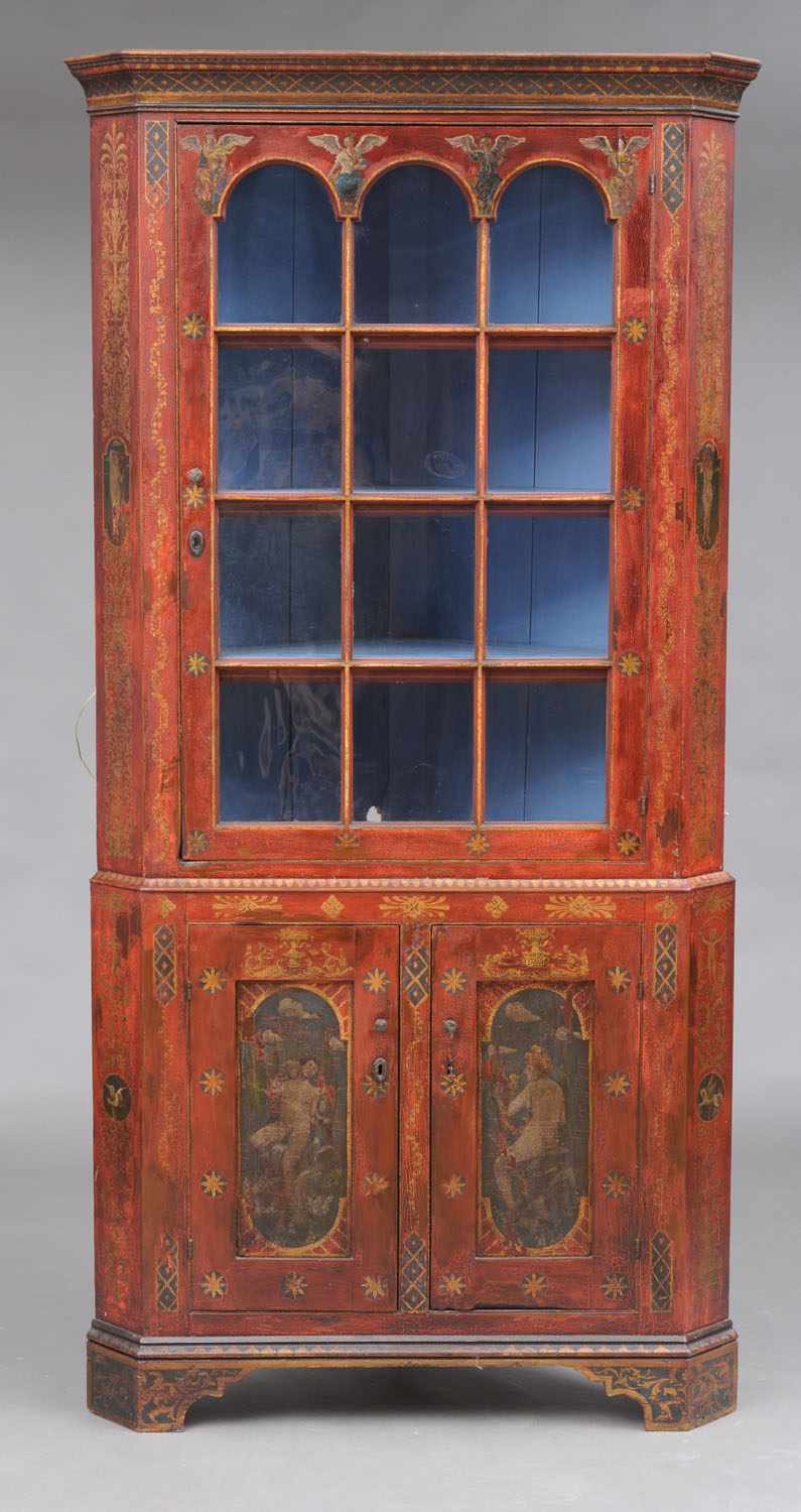 Appraisal: GEORGE III PAINTED ROSE-GROUND TWO-PART CORNER CABINET The upperpart enclosed