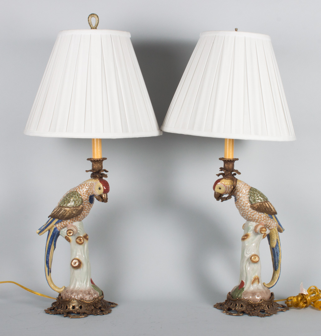 Appraisal: Pair of ceramic parrot-form lamps modeled as macaw on branch