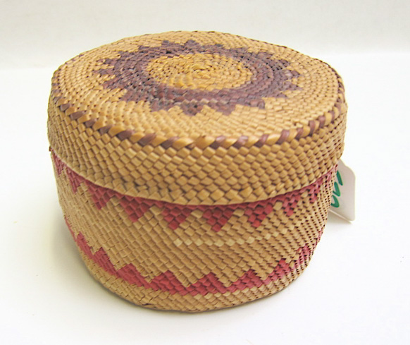 Appraisal: MAKAH COVERED INDIAN BASKET with geometric red banded motif on