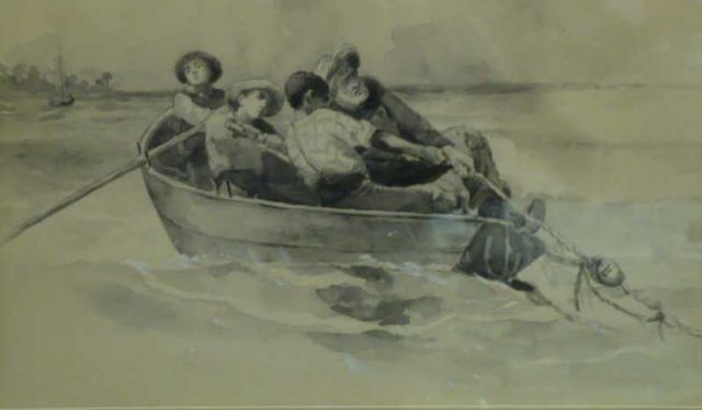 Appraisal: AB Initials Black Wash Gouache of Fishermen Hauling Nets Initialed