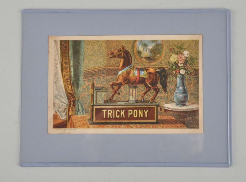 Appraisal: Trick Pony Mechanical Bank Trade Card This Trick Pony trade