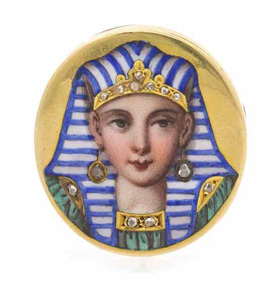 Appraisal: An Egyptian Revival Yellow Gold Polychrome Enamel and Diamond Brooch