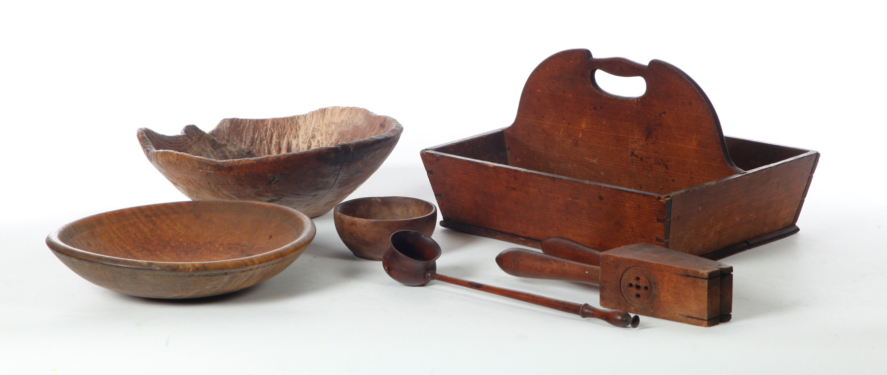 Appraisal: SIX AMERICAN KITCHEN WOODEN ITEMS Nineteenth century Three bowls including