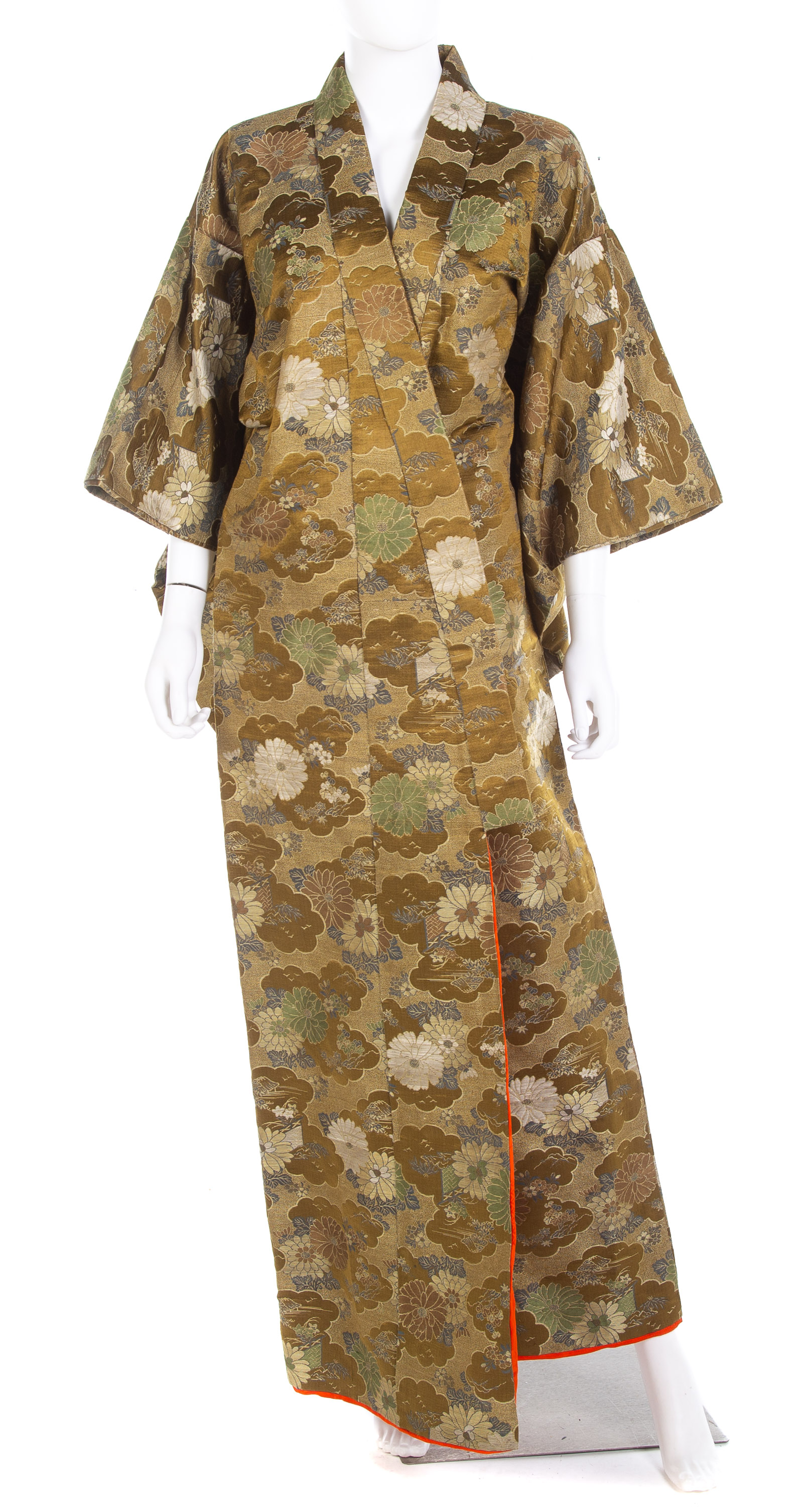 Appraisal: JAPANESE GREEN AND GOLD KIMONO with orange interior