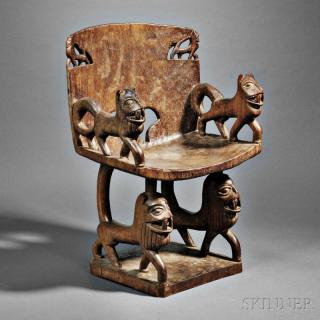 Appraisal: African Carved Wood Chair probably Fon incorporating six stylized lions