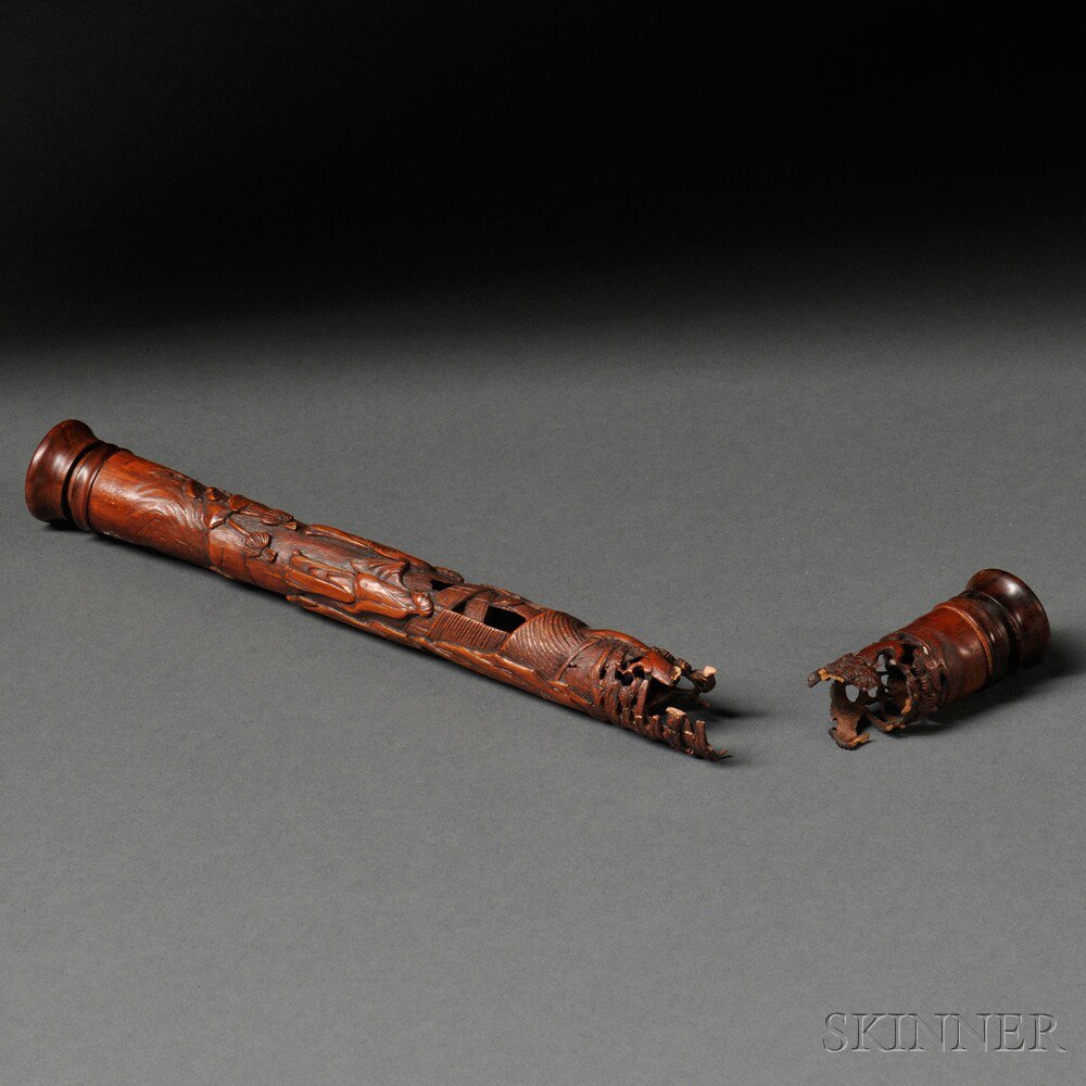 Appraisal: Bamboo Incense Holder China th century cylindrical delicately carved and