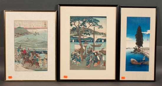 Appraisal: Three Japanese color woodblock prints framed including Yoshitora River Scene