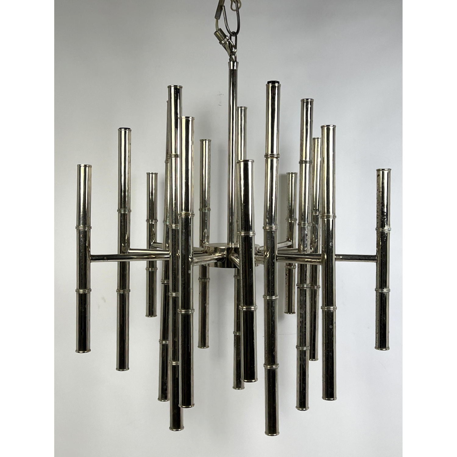 Appraisal: Chrome Faux Bamboo Chandelier Pendant Lamp Untested Dimensions H inches