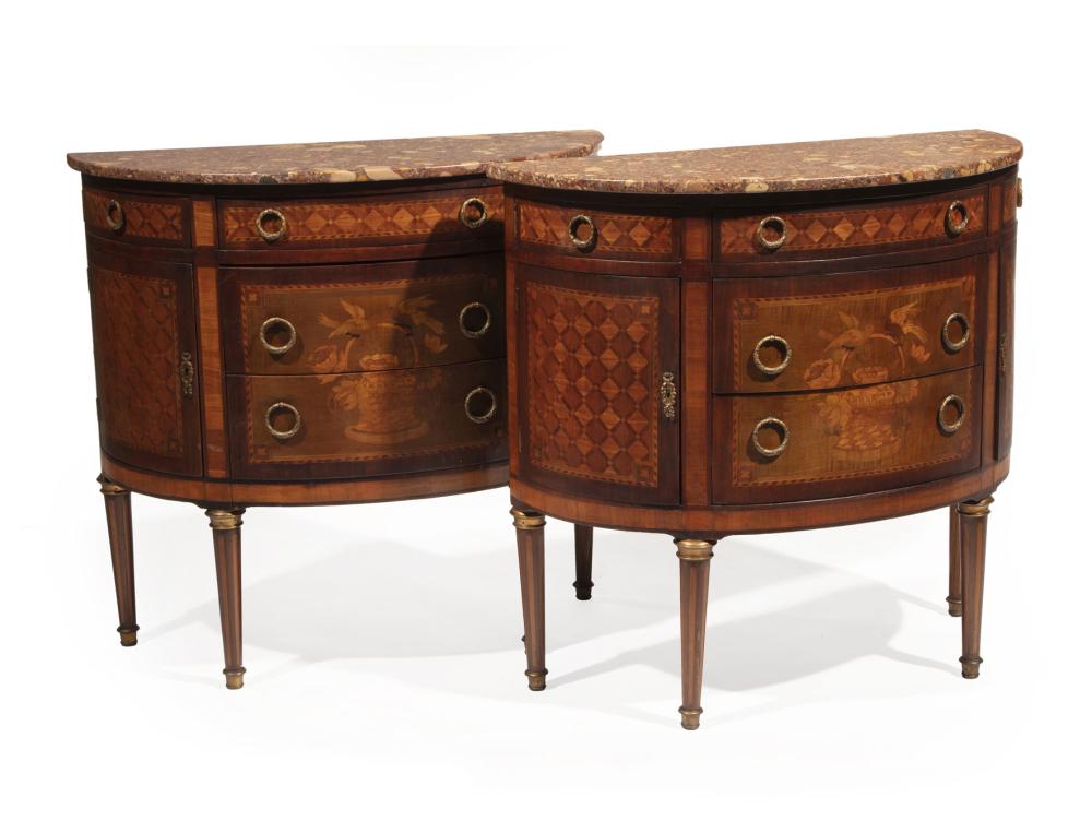 Appraisal: Pair of French Neoclassical-Style Parquetry and Marquetry Demilune Consoles late