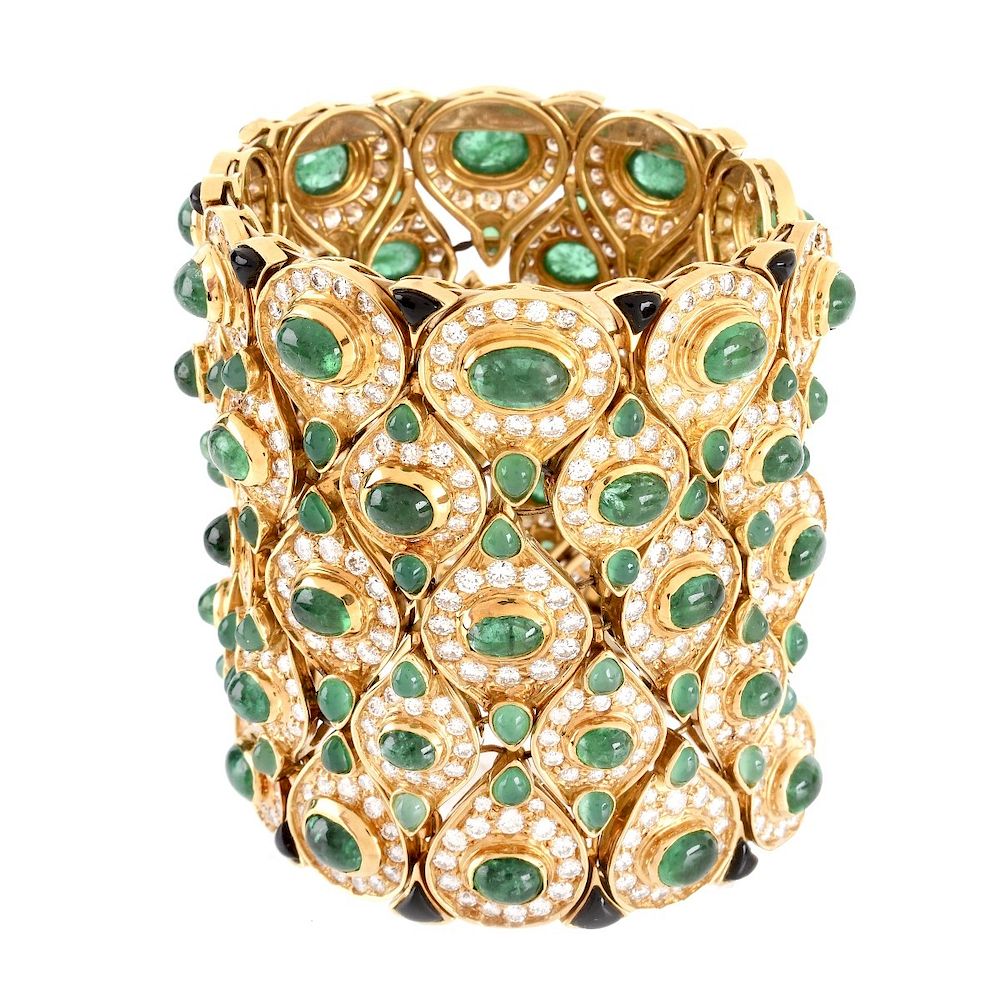 Appraisal: Exquisite Emerald Diamond and K Cuff Bangle Exquisite Cabochon Colombian