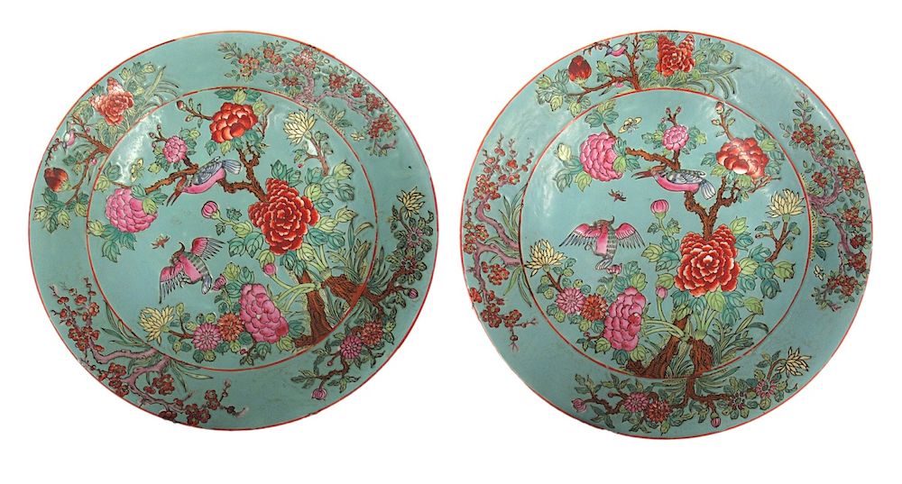 Appraisal: Pair of Turquoise Ground Enameled Chargers Early th Century From