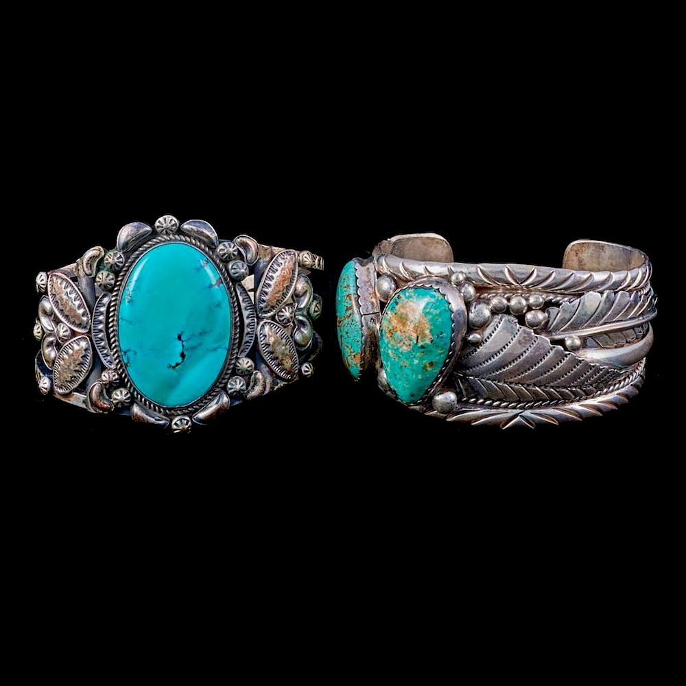 Appraisal: NAVAJO CUFF BRACELETS Two old pawn turquoise and silver cuff