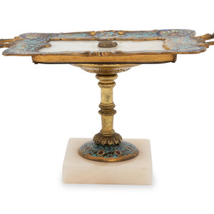 Appraisal: A French Gilt Metal Champlev and Alabaster Card Tray th