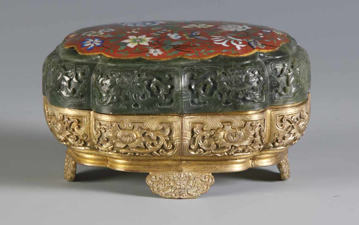 Appraisal: Fine Carved Jade Bronze Covered Box Cloisonn Panel depicting flowers