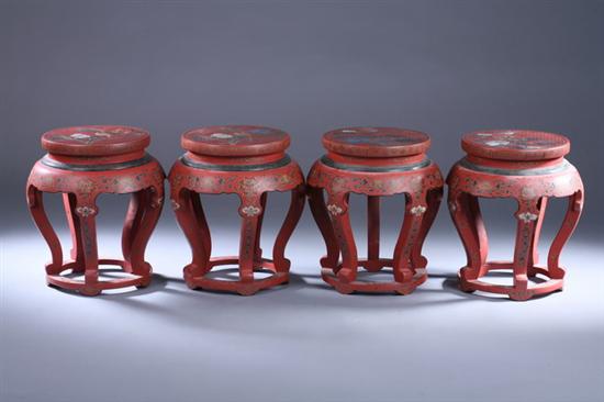 Appraisal: FOUR CHINESE RED LACQUER STOOLS th century Floral decoration -