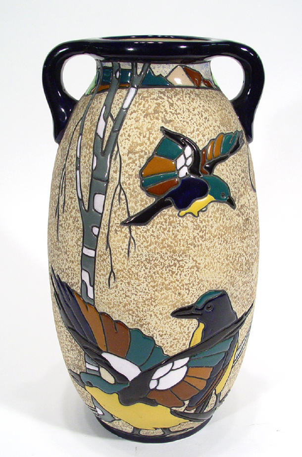 Appraisal: Large amphora Art Nouveau pottery vase enamelled with birds and