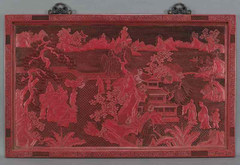 Appraisal: Chinese carved cinnabar paneldepicting figures in a landscape ''H x