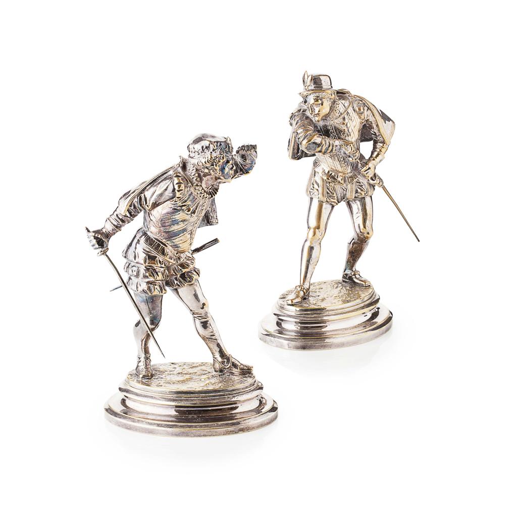 Appraisal: AFTER MILE-CORIOLAN-HIPPOLYTE GUILLEMIN TWO SILVERED BRONZE FIGURES OF CAVALIERS realistically