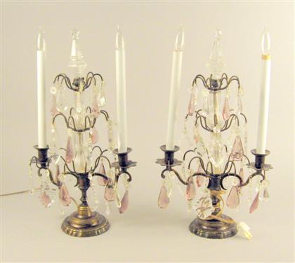 Appraisal: Pair of patinated metal and glass candelabra th century Each