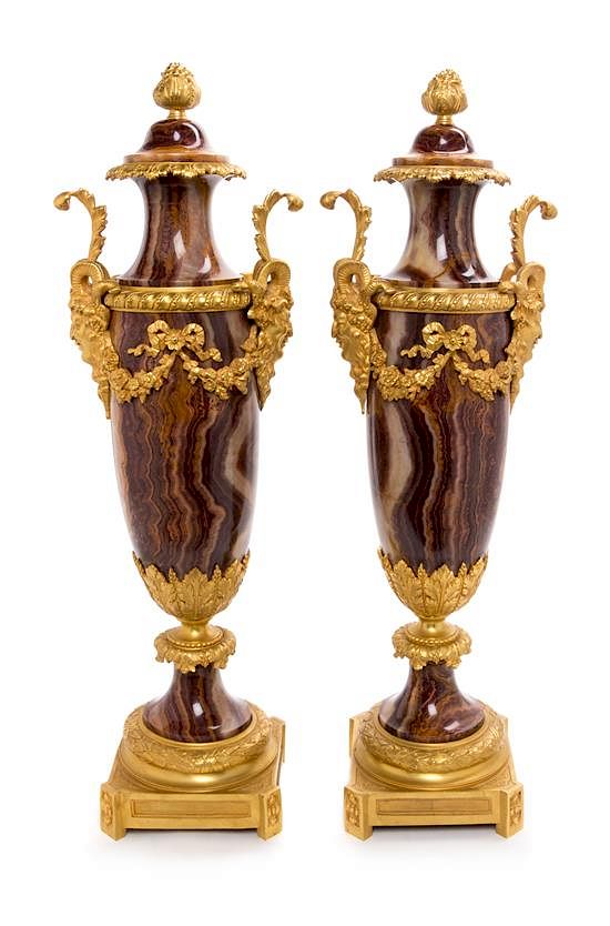 Appraisal: A Pair of French Gilt Bronze and Agate Urns Height