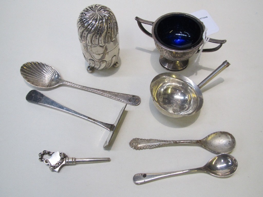 Appraisal: Lot comprising silver pepperette small cup spoons etc