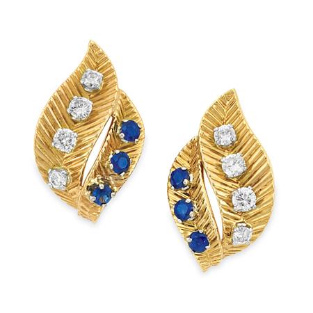 Appraisal: Pair of Gold Sapphire and Diamond Leaf Earclips Van Cleef