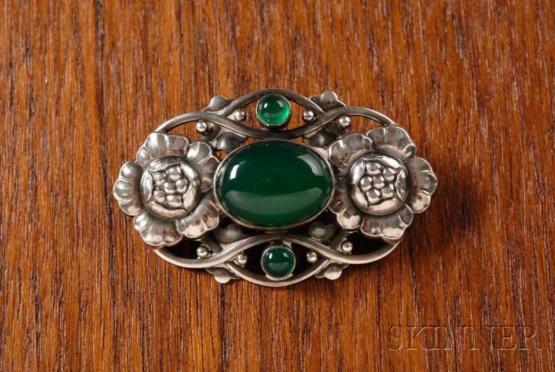 Appraisal: Georg Jensen Brooch Sterling silver and green onyx Denmark Oval