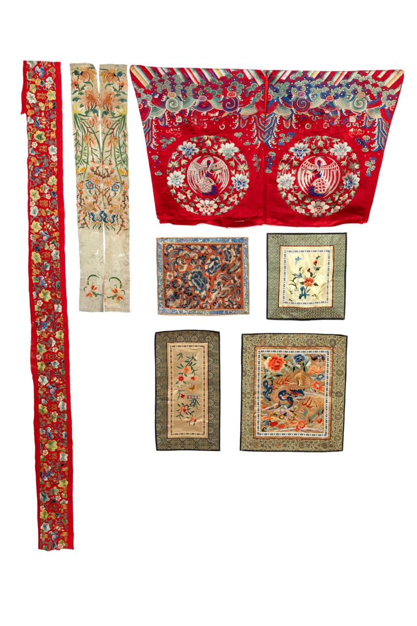 Appraisal: EIGHT UNFRAMED CHINESE EMBROIDERIES Eight unframed Chinese embroideries on silk