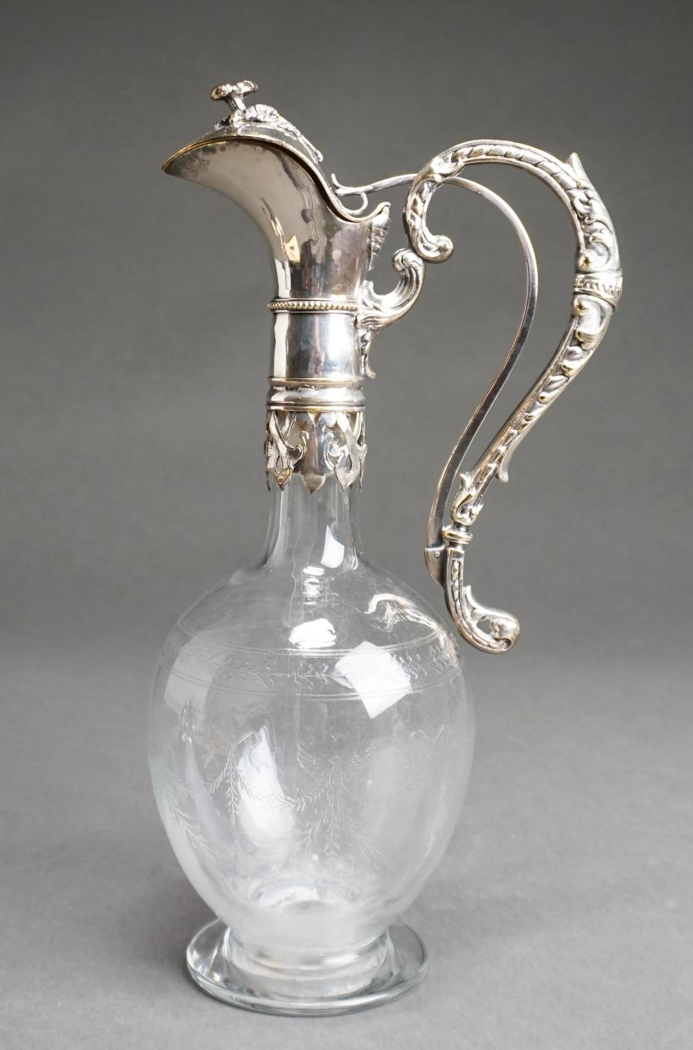 Appraisal: European Silverplate Mounted Etched Crystal Ewer H in cm