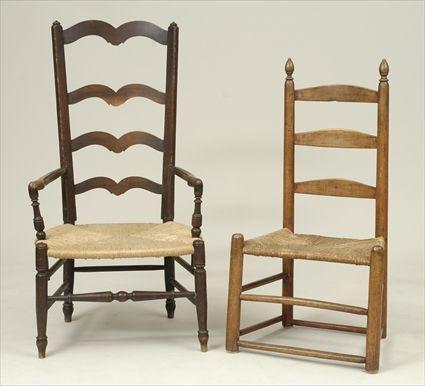 Appraisal: French Provincial Fruitwood Ladder-Back Armchair and American Maple Ladder-Back Side