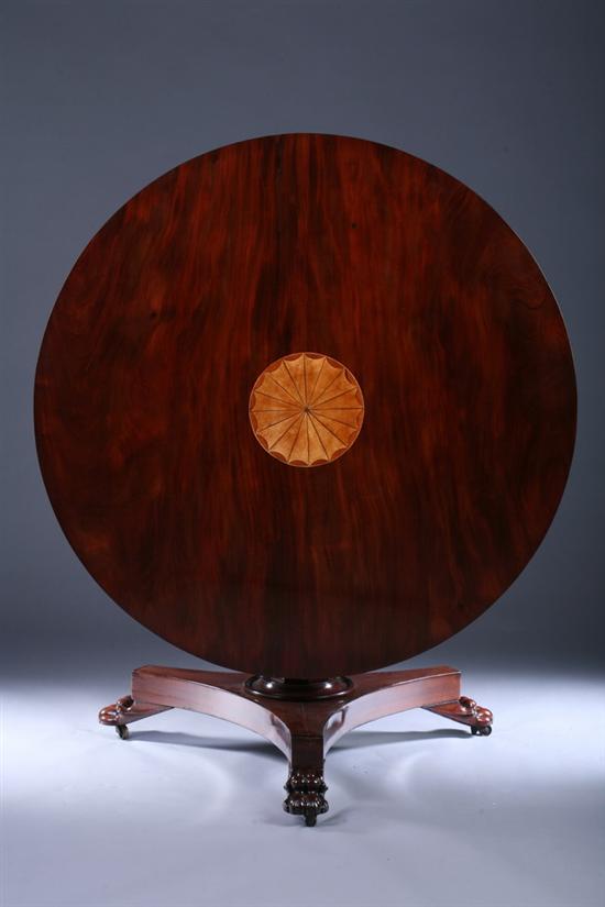 Appraisal: REGENCY MAHOGANY INLAID TILT-TOP CENTER TABLE th century With circular