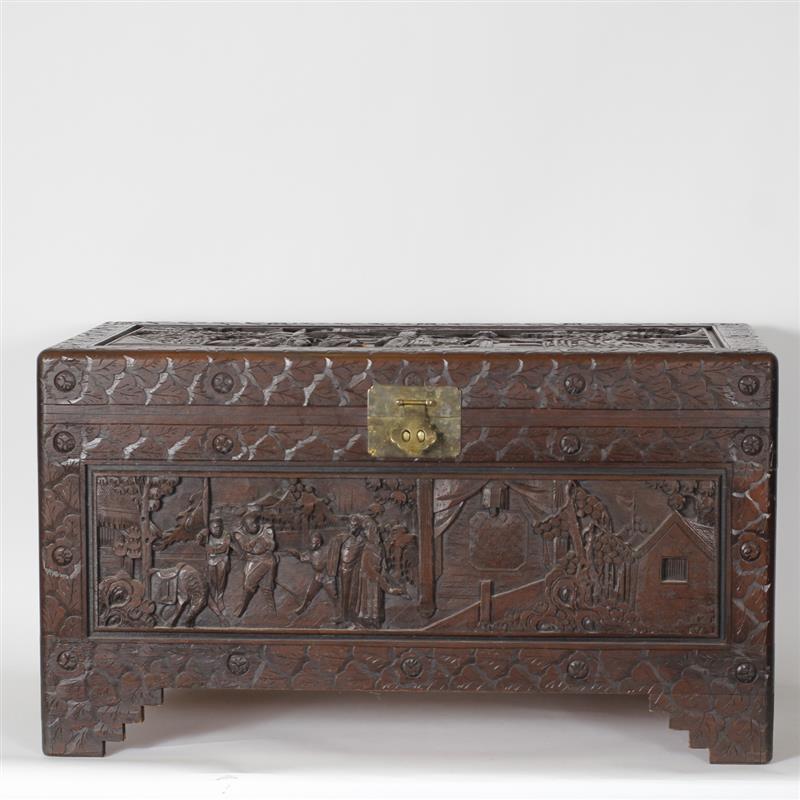 Appraisal: Chinese carved camphor chest with court scenes in high relief