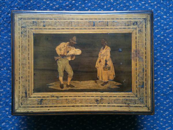 Appraisal: A 'Sorentoware' olivewood box the lid inlaid with figures