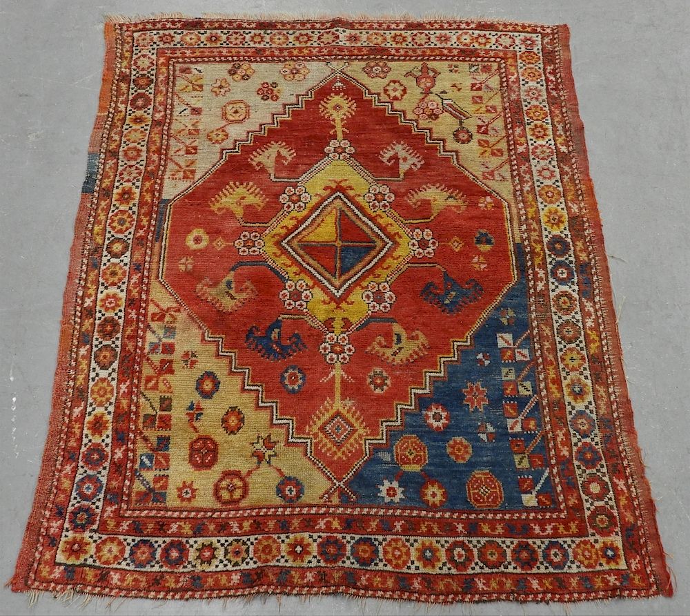 Appraisal: Antique Turkish Anatolian Carpet Rug Turkey Circa Central fiery yellow