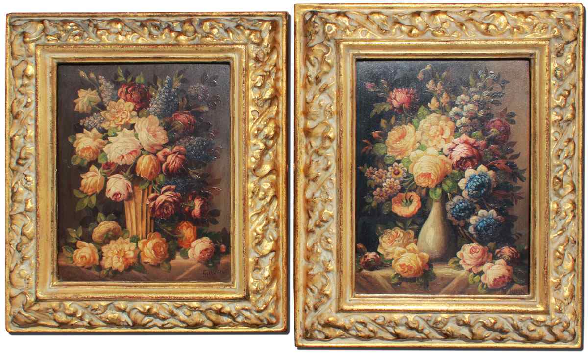 Appraisal: PAIR OF NEOCLASSICAL STYLE FLORAL STILL LIFE PAINTINGS BY ROSSI