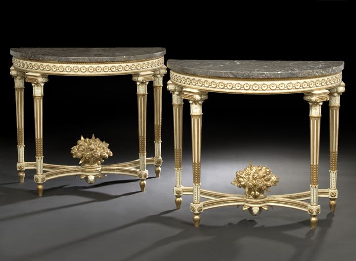 Appraisal: Pair of Louis XVI-Style Polychromed Giltwood and Marble-Top Console Tables