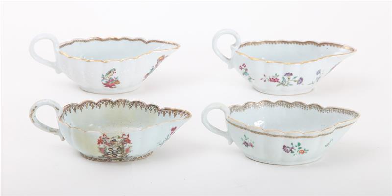 Appraisal: GROUP OF FOUR CHINESE EXPORT PORCELAIN FAMILLE ROSE ARMORIAL SAUCE