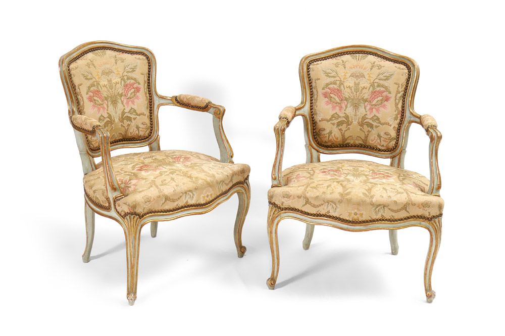 Appraisal: PAIR FRENCH FAUTEIL CHAIRS Carved frames with blue paint and