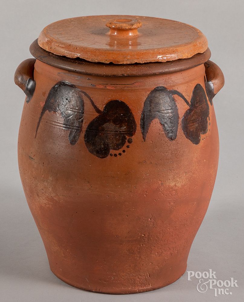 Appraisal: Pennsylvania redware lidded crock th c Pennsylvania redware lidded crock