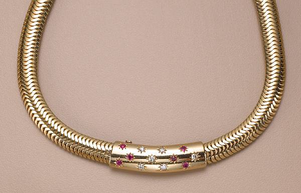 Appraisal: A retro diamond ruby and k gold tubogas necklace circa