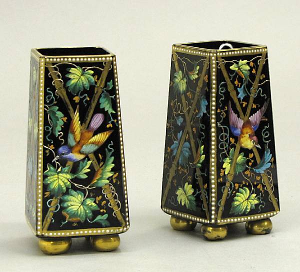 Appraisal: A pair of Moser enameled black glass footed vases late