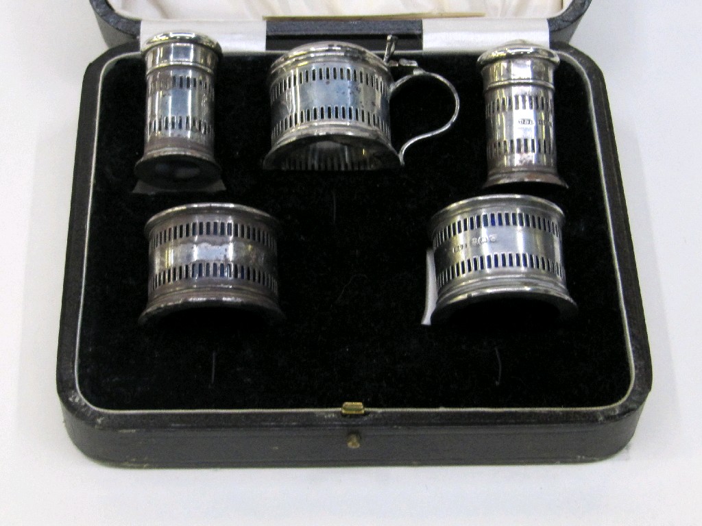 Appraisal: Cased five piece silver condiment set Birmingham