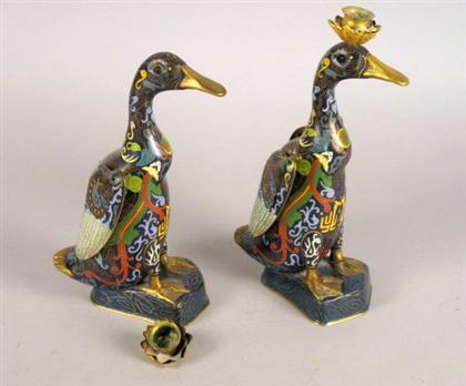 Appraisal: Pair of Chinese gilt metal and cloisonne duck form candlesticks