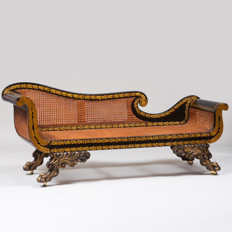 Appraisal: Fine Classical Ebonized and Stencil Decorated Caned Grecian Sofa Philadelphia